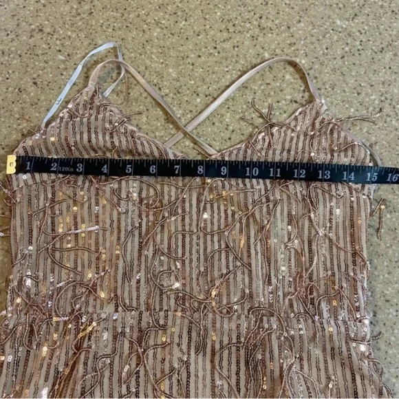 Endless Festivities Rose Gold Sequin Fringe Lace-Up Maxi Dress - Picture 6 of 15